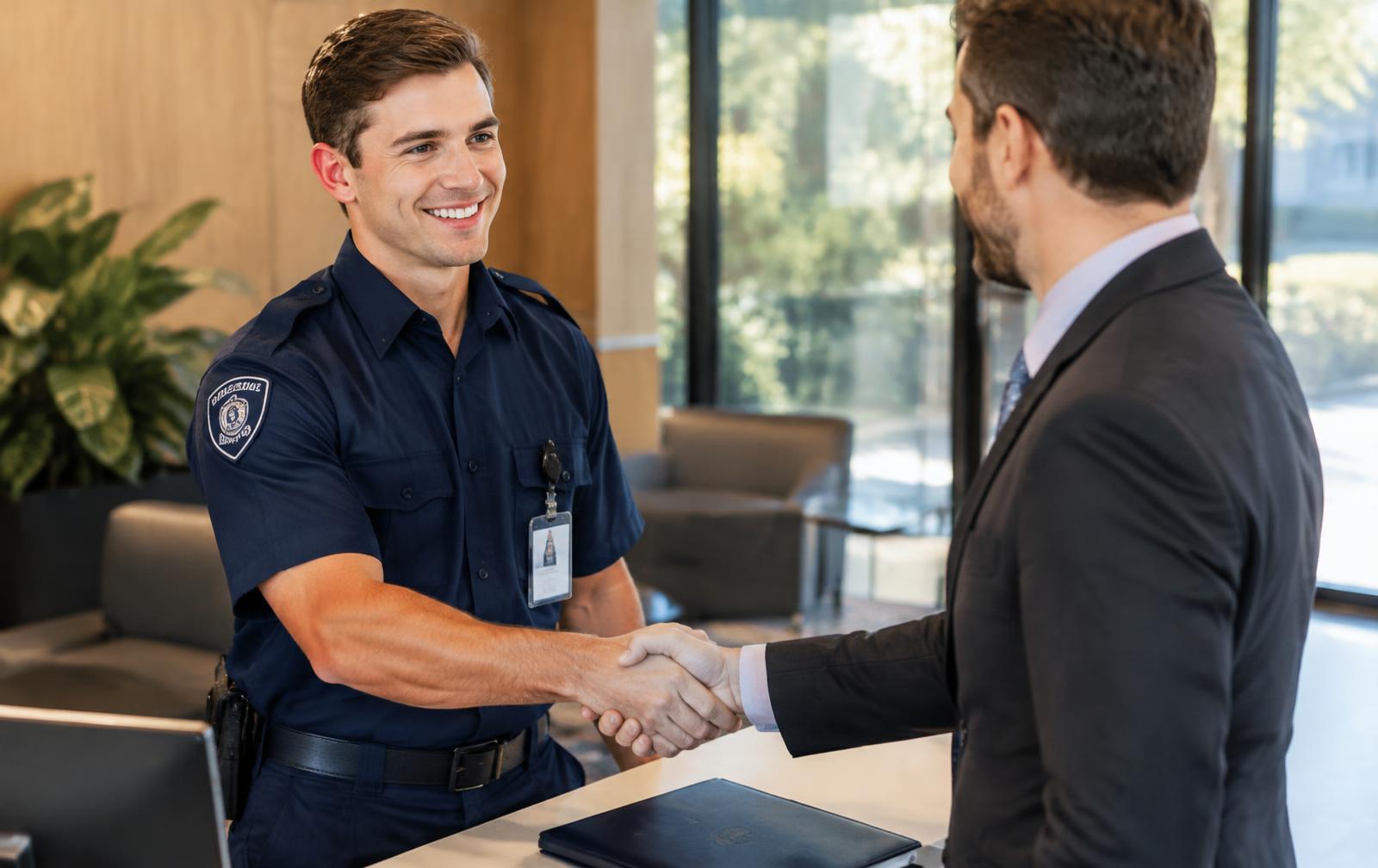 A new security officer shaking hands with a security company manager after completing training