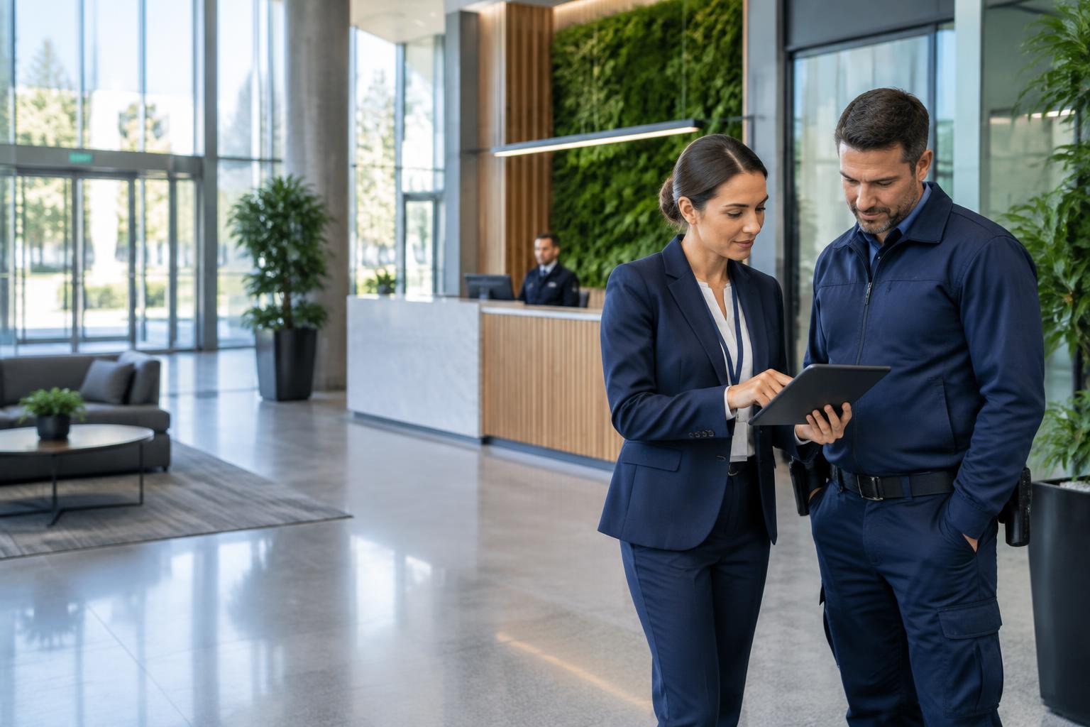 Property manager and security firm manager reviewing site operations together