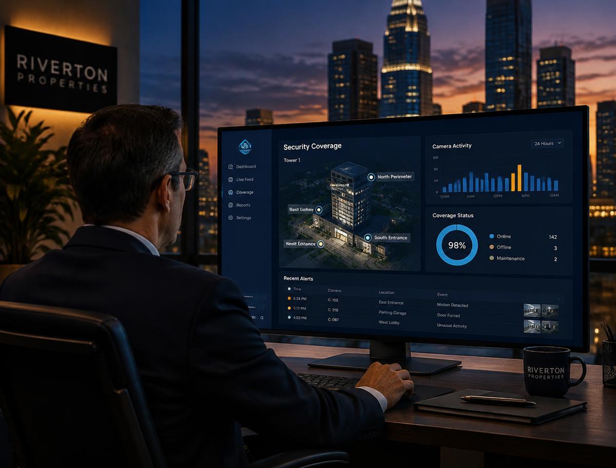 A property manager viewing a security coverage dashboard at dusk