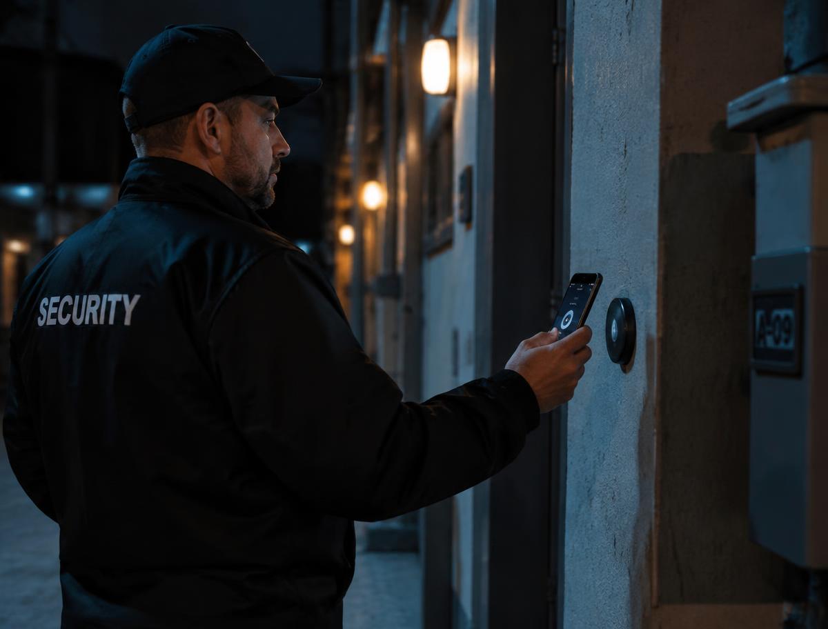 A guard tapping an NFC checkpoint during a patrol