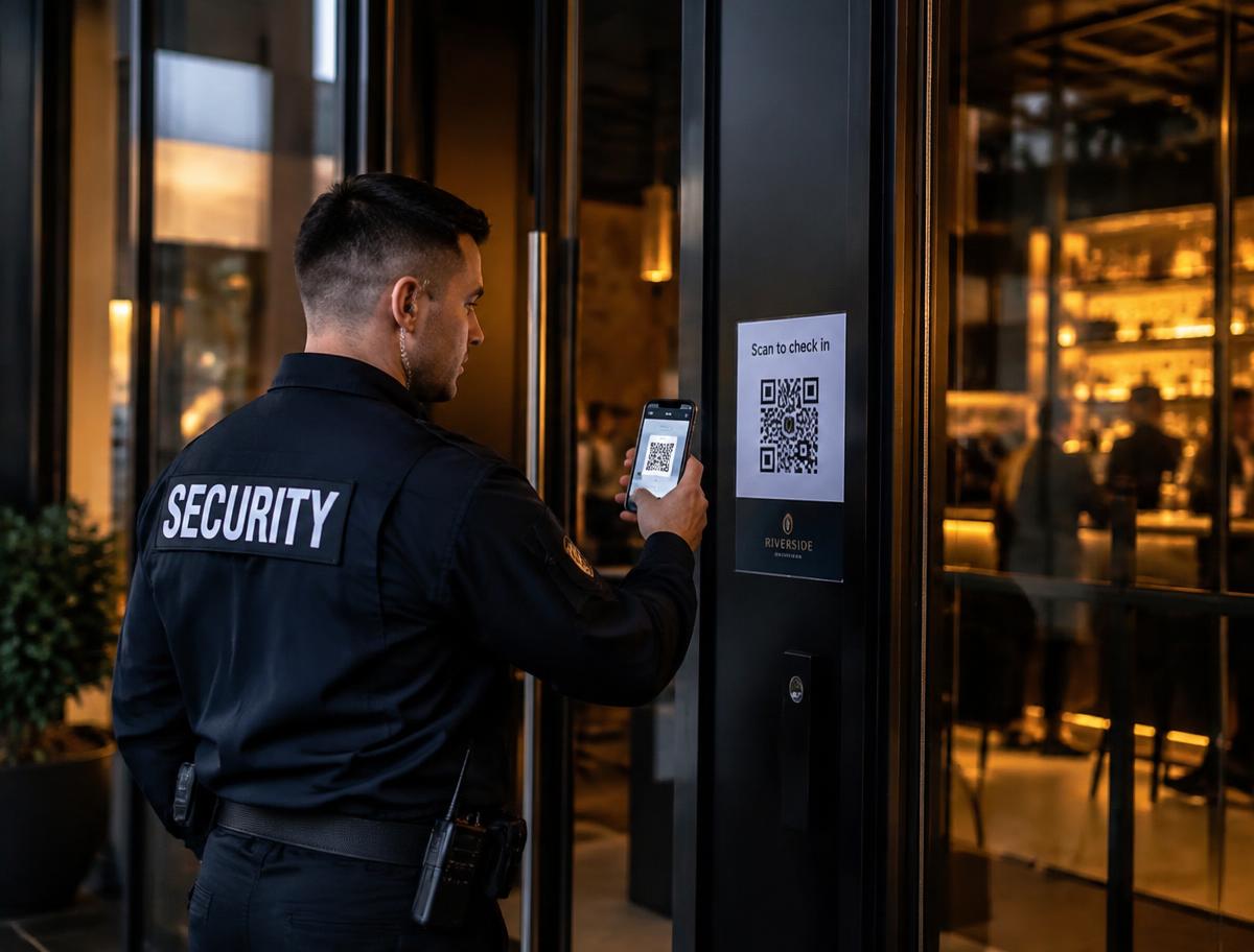 A guard scanning a QR code with a phone to sign on at a site