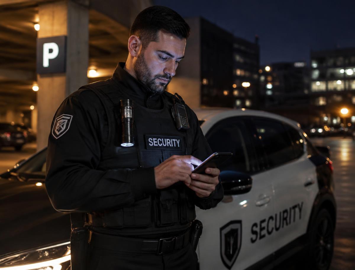 A guard writing an incident report beside a patrol car at night