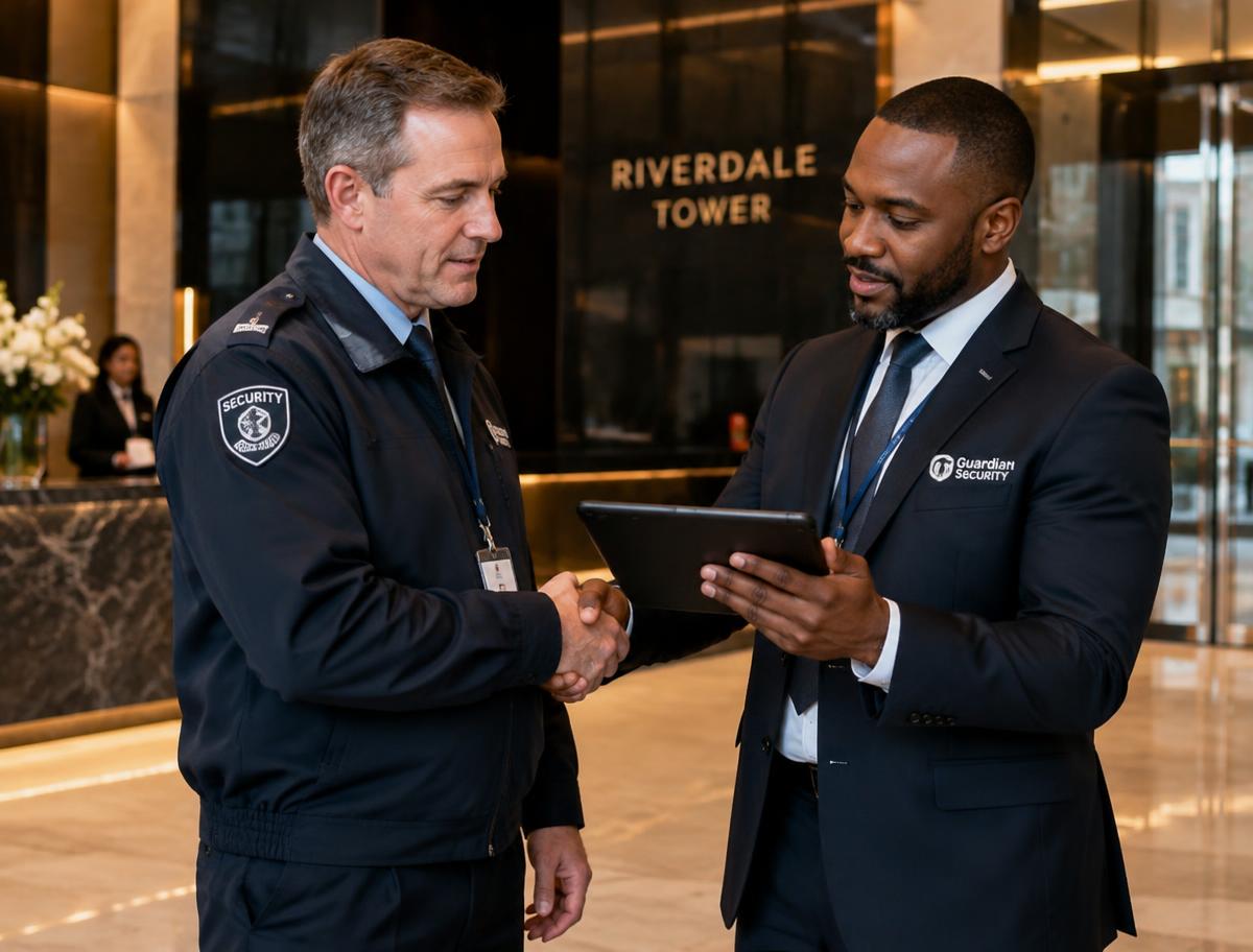 Supervisors from two security companies shaking hands over a shared tablet