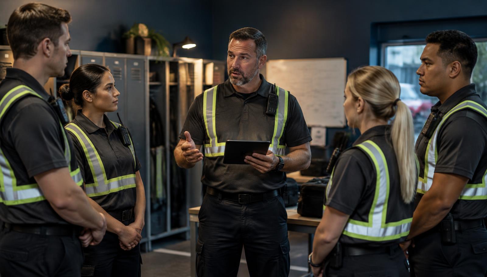 Supervisor briefing a security crew in a site office before a shift