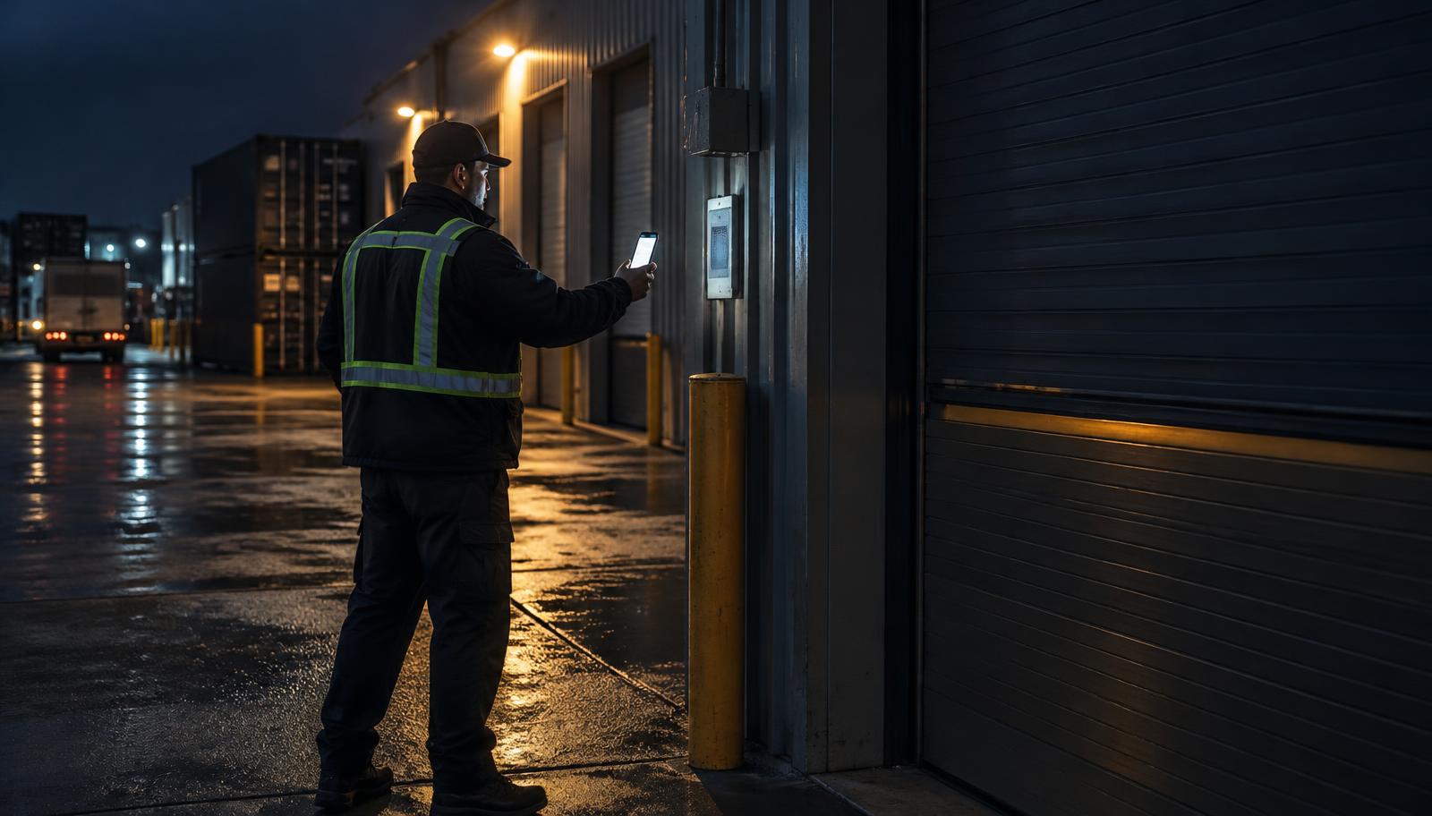 Security guard on a night shift scanning a checkpoint QR tag on a wall with a phone
