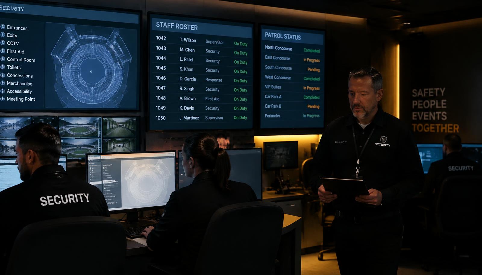 Security control room with live roster, patrol status and venue maps on large monitors