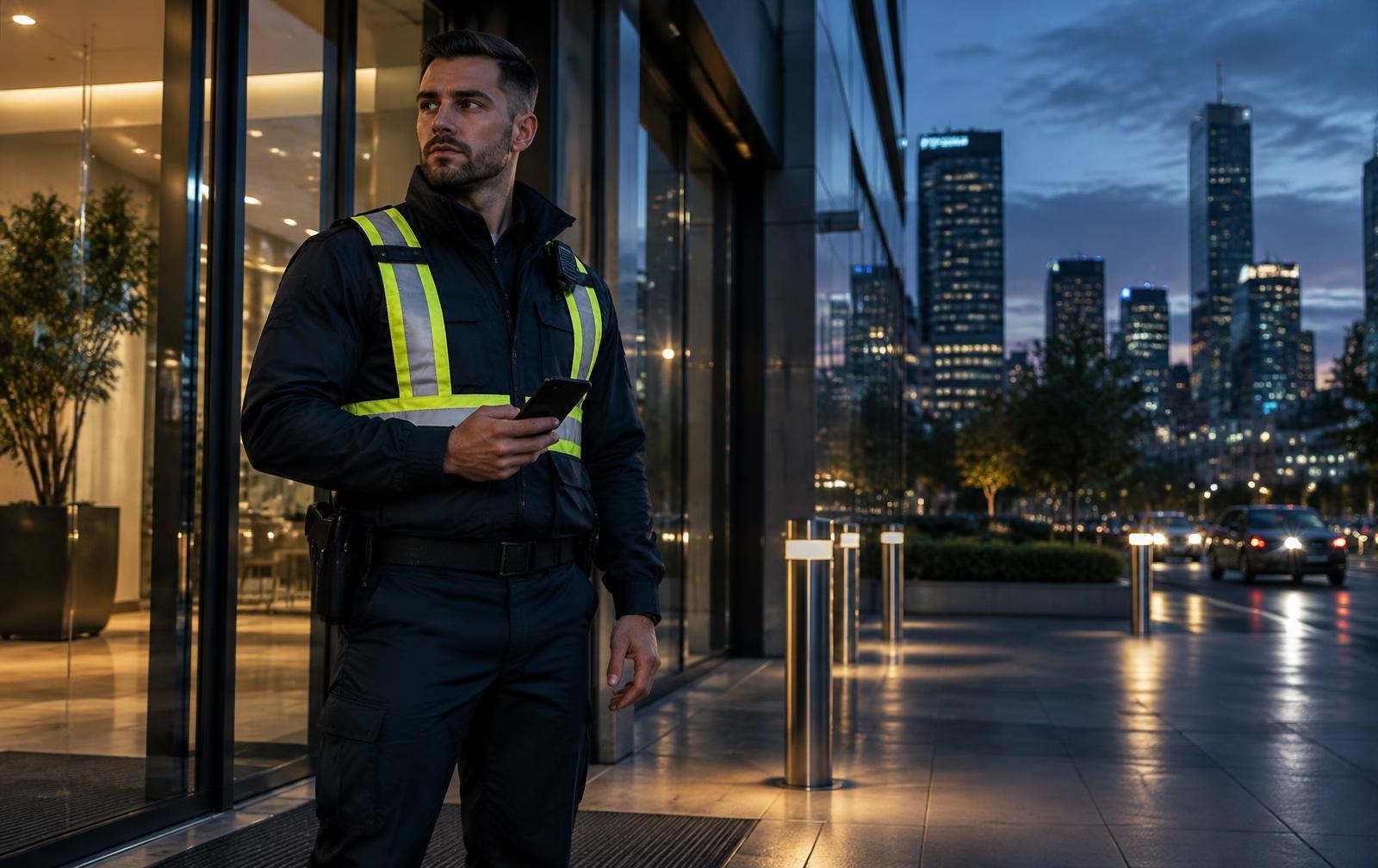 Security officer at a commercial building entrance at dusk, holding a phone