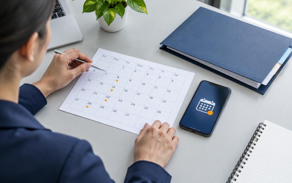 An operations coordinator reviewing renewal dates beside a phone with a calendar reminder