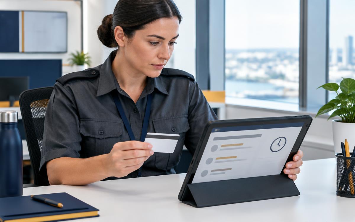 A security supervisor reviewing a credential card beside a tablet at an office desk