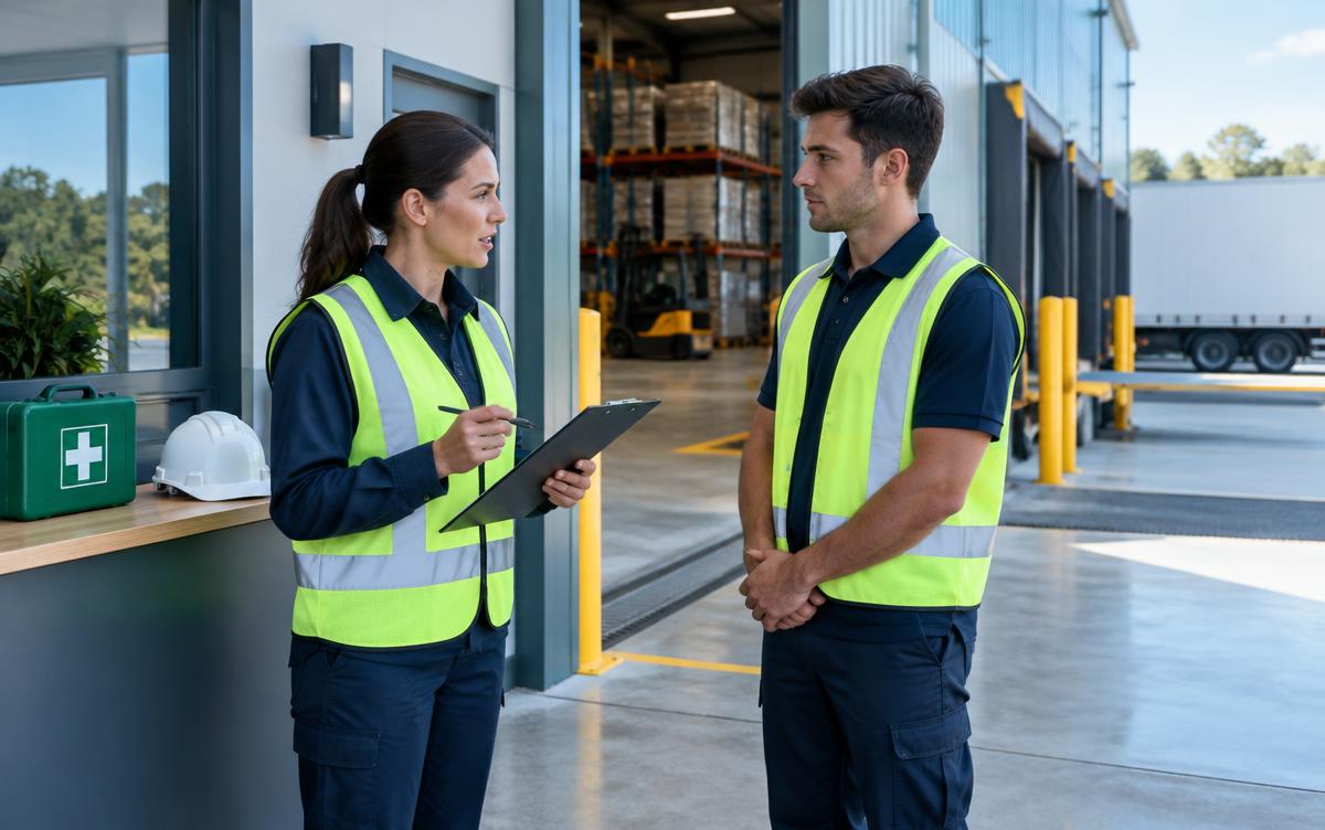 A supervisor briefing a guard at a warehouse entrance with first aid equipment and a hard hat nearby