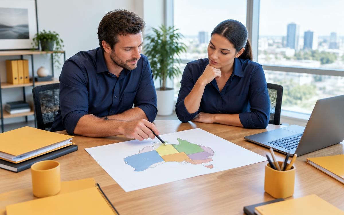 Two compliance staff reviewing an Australian state map and requirement folders