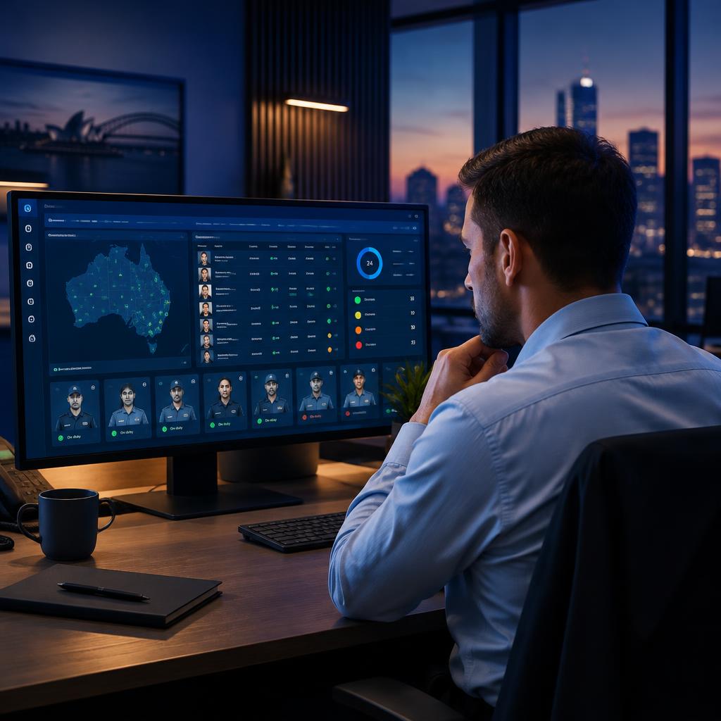A manager reviewing a company security workforce dashboard on a large monitor