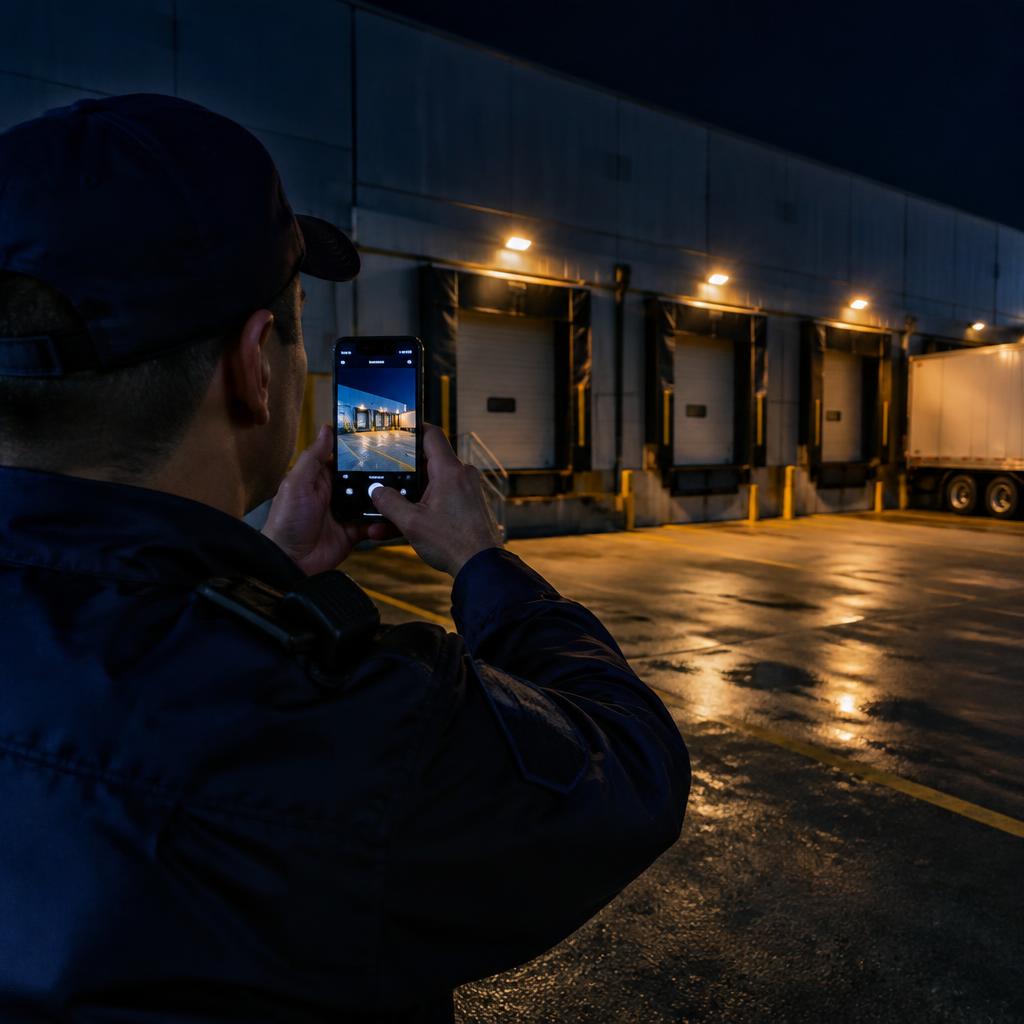 A night guard photographing a loading dock with a phone for evidence