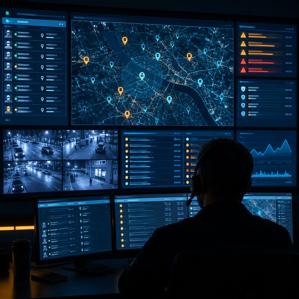 A control room wall of monitors showing a live map of guard positions and alerts