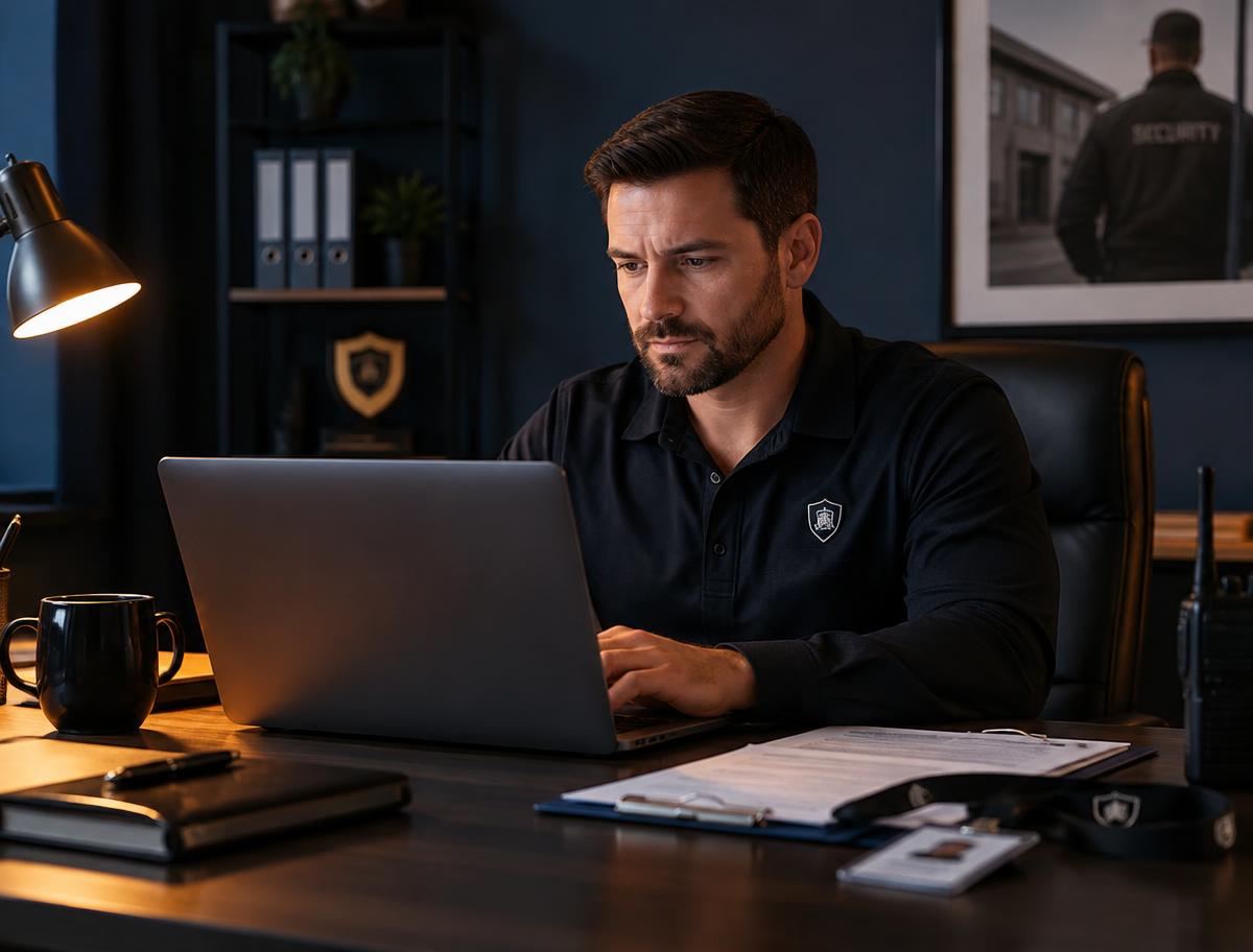 A business owner completing an online company registration on a laptop at an office desk