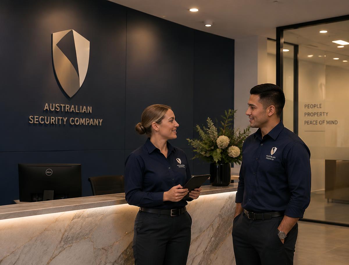 Two staff in navy uniforms talking at a security company reception