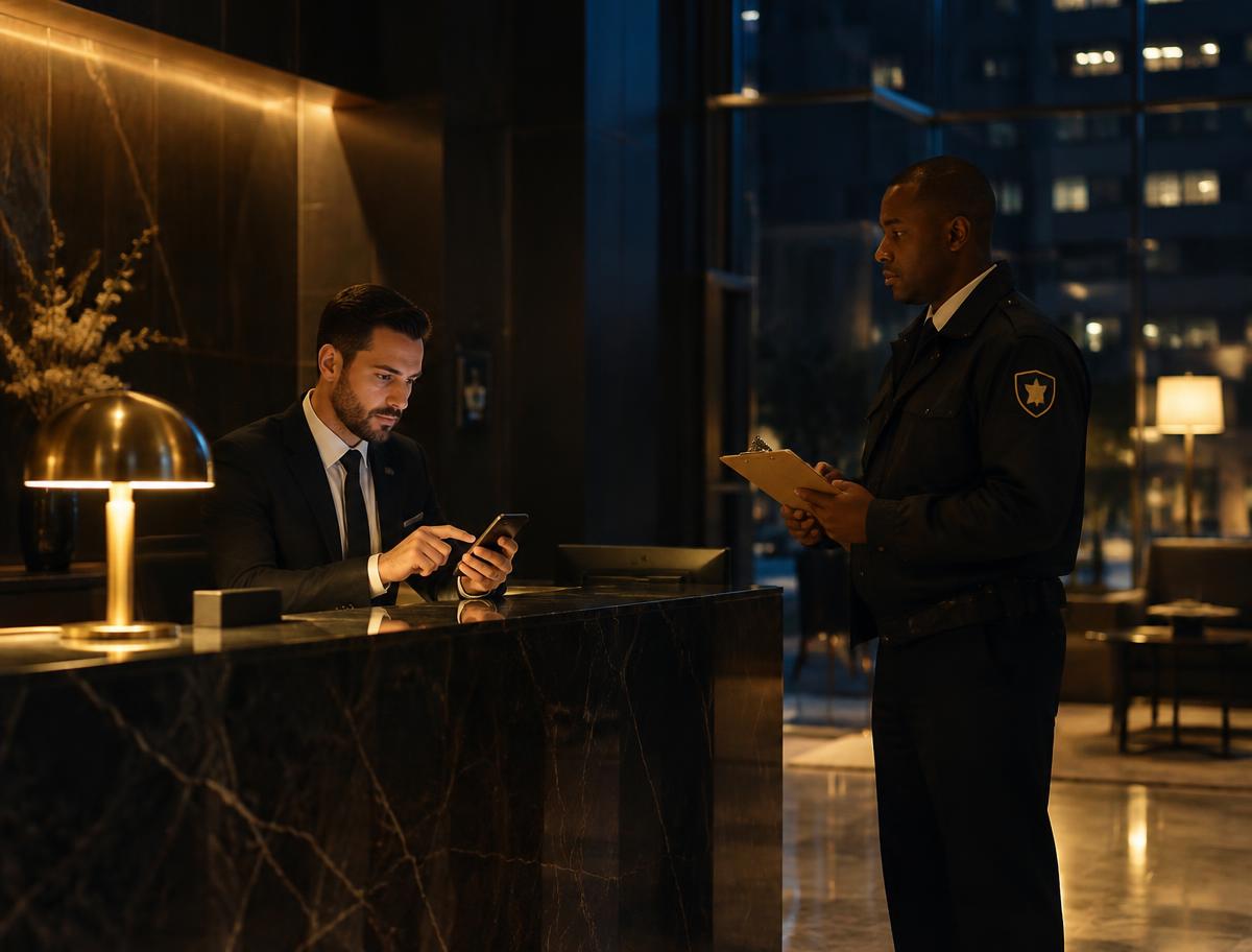 A security supervisor approving a manual sign-on on a phone at a reception counter while a guard waits