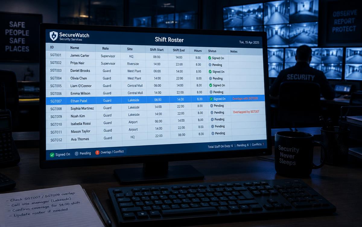 A supervisor's monitor showing a shift roster with one guard highlighted as overlapping an existing signed-on shift