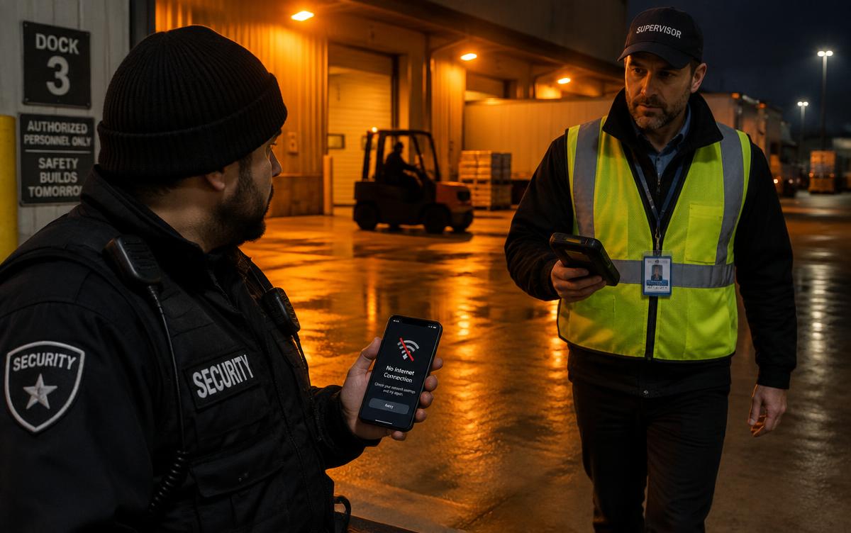 A guard holding a phone showing a connectivity error while a supervisor approaches with a handheld device at a night-time loading dock