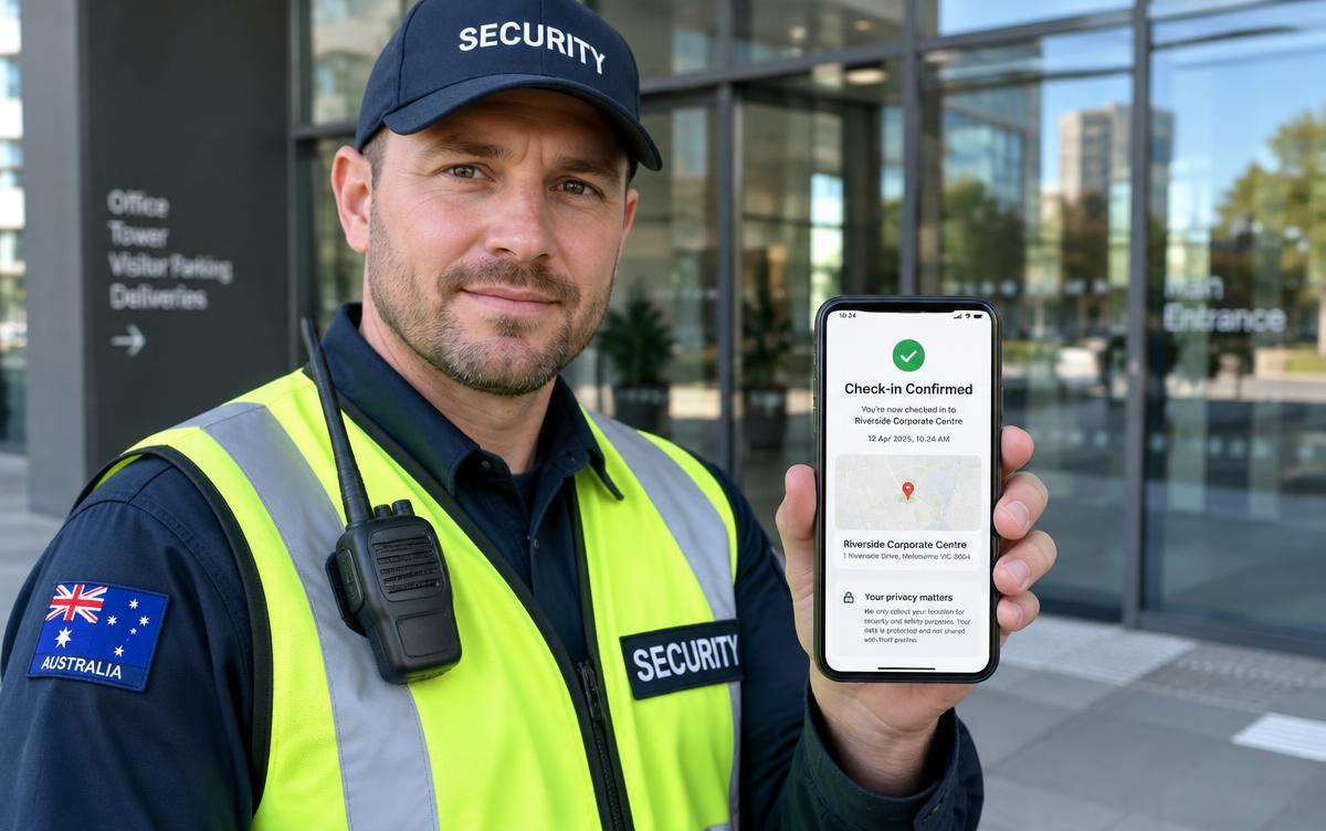 A security guard in a high-vis vest holding a phone showing a check-in confirmation with a map pin and a privacy notice