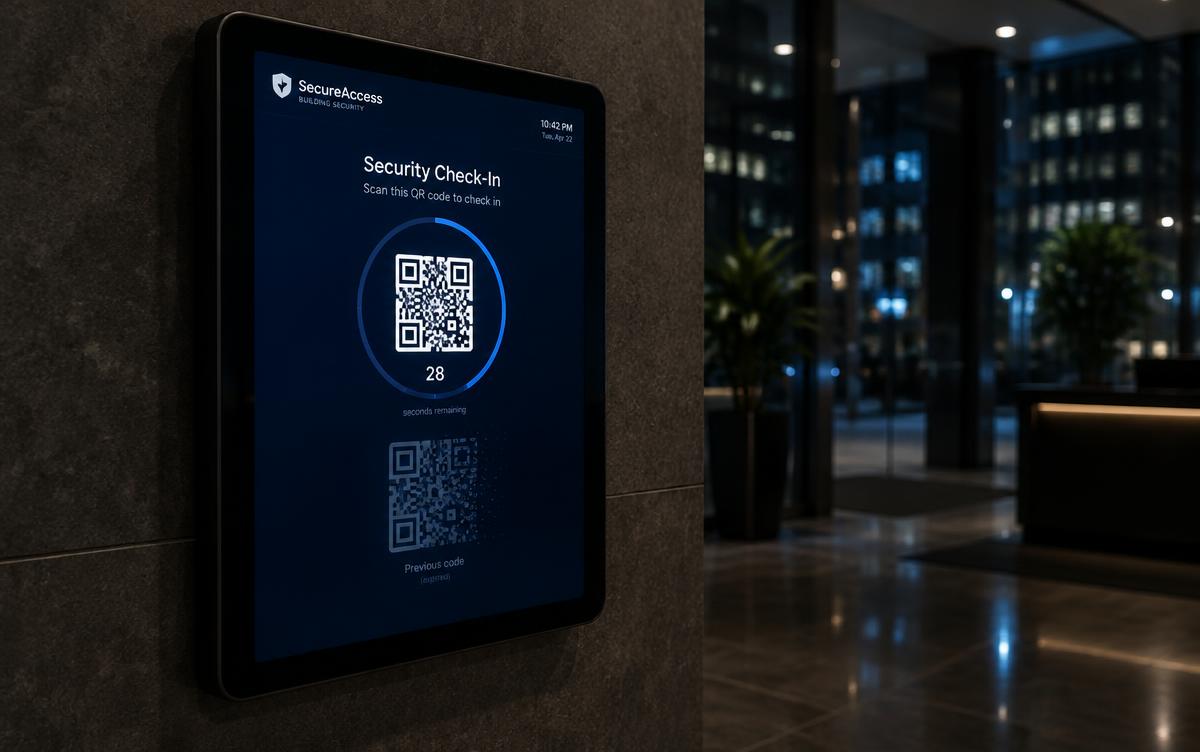 A wall-mounted tablet in a night-time lobby showing a check-in QR code with a countdown timer and the previous code faded below it