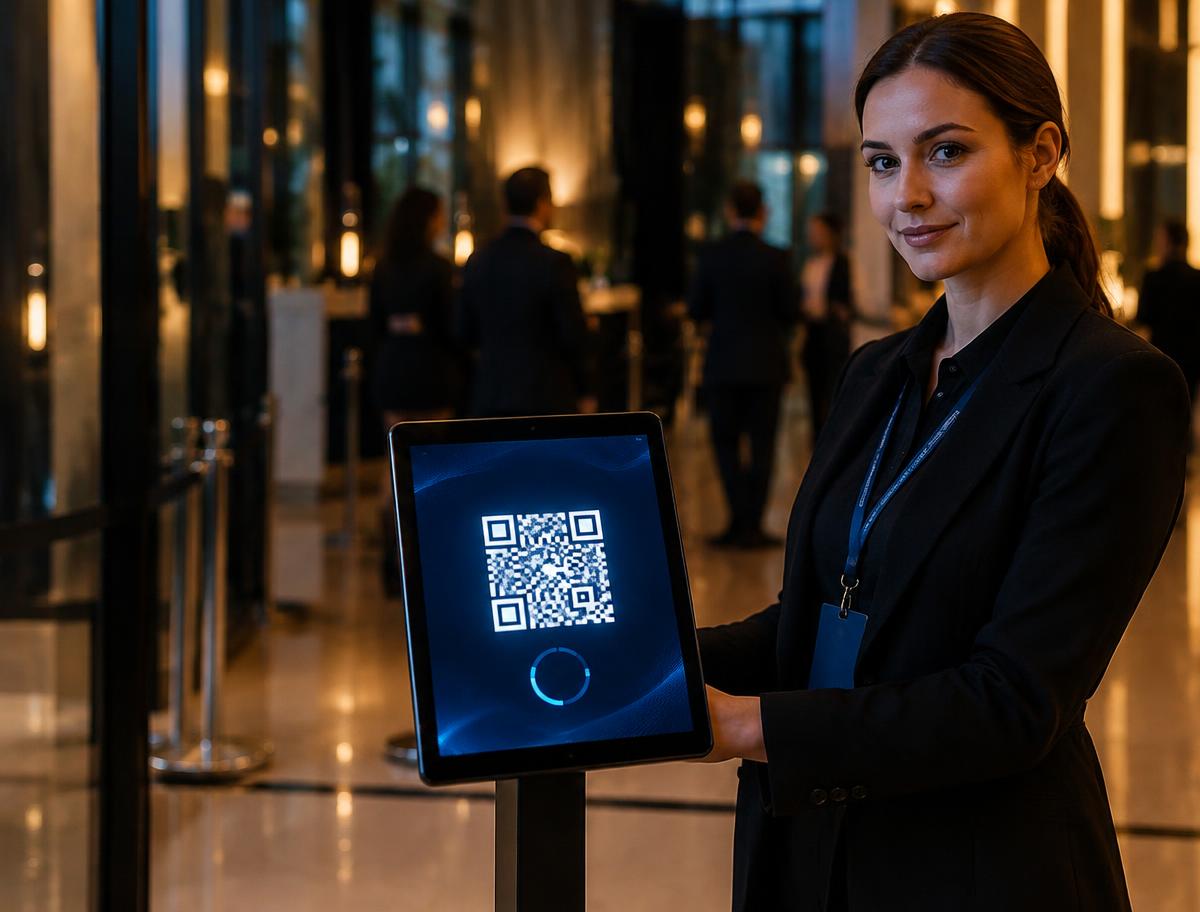 A venue manager holding a tablet displaying a large glowing QR code on a dark-blue screen in a building foyer
