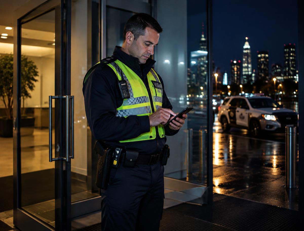 A security guard in a high-vis vest tapping sign-off on a phone outside a building exit at night