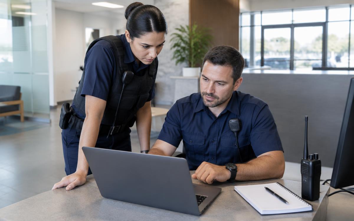 Two security staff reviewing a digital occurrence record together during shift handover