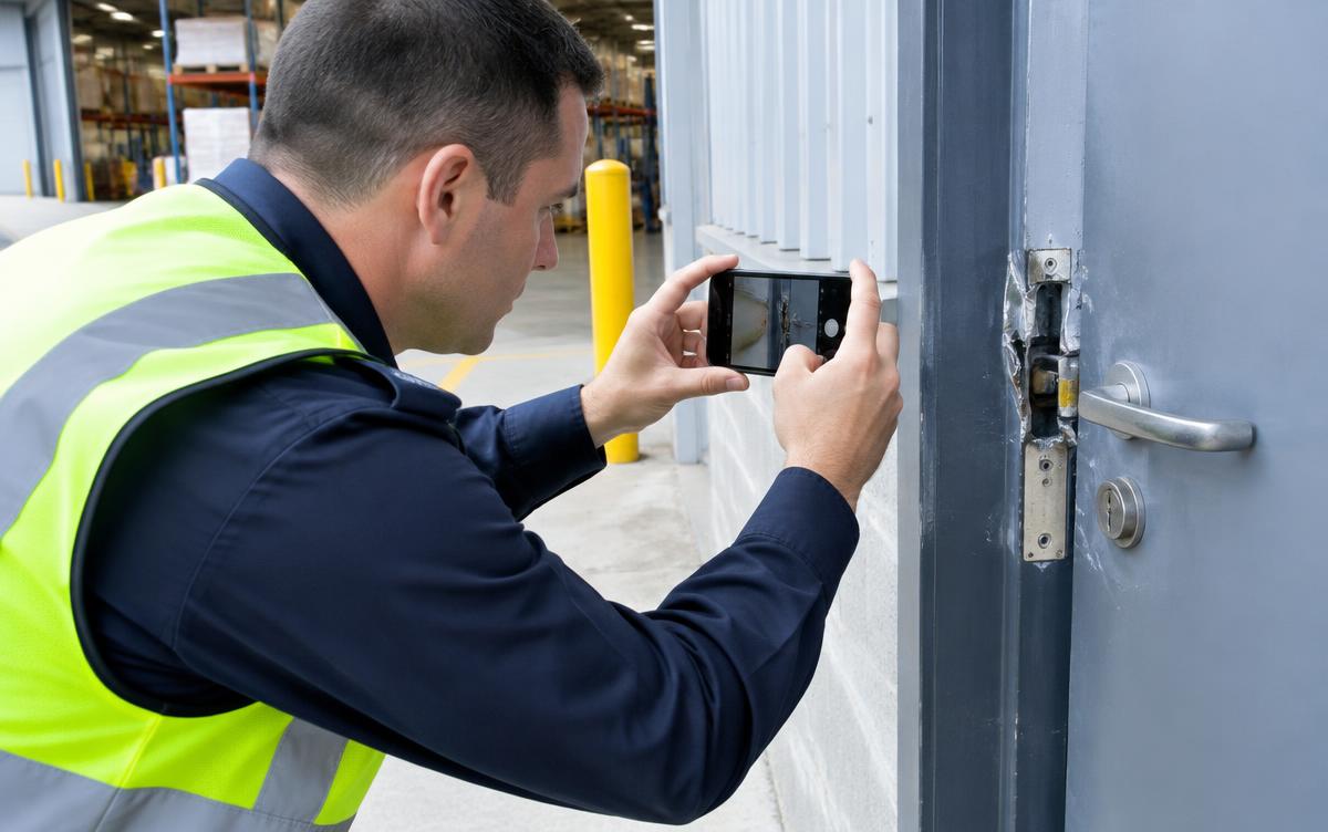 A guard photographing a damaged warehouse door latch for an incident report
