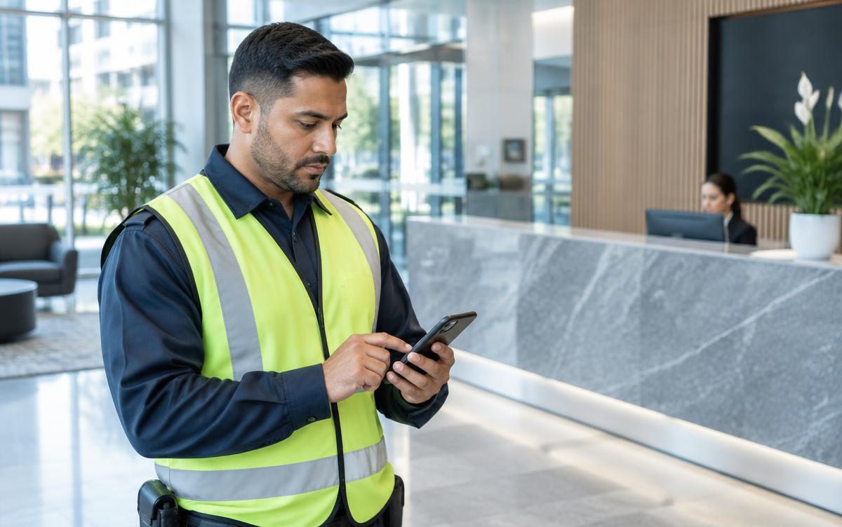 A security guard recording a routine check on a phone in a commercial lobby