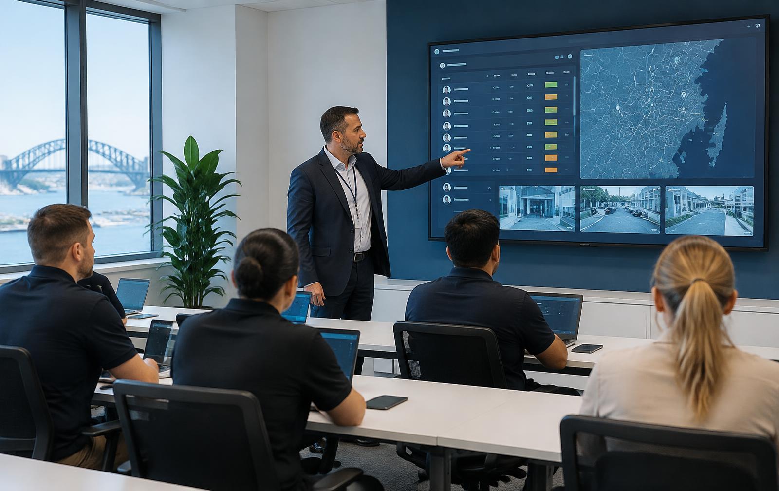 A trainer presenting a security operations dashboard to students in an Australian training classroom