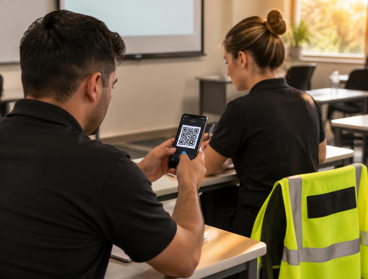 Security training students in a classroom, one scanning a QR code on a phone with a high-vis vest nearby